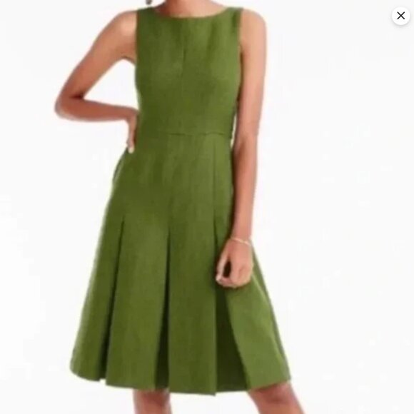 J.Crew Sleeveless Pleated Linen Dress Olive Green Size 00 Lined Knee Length Midi - Picture 2 of 14